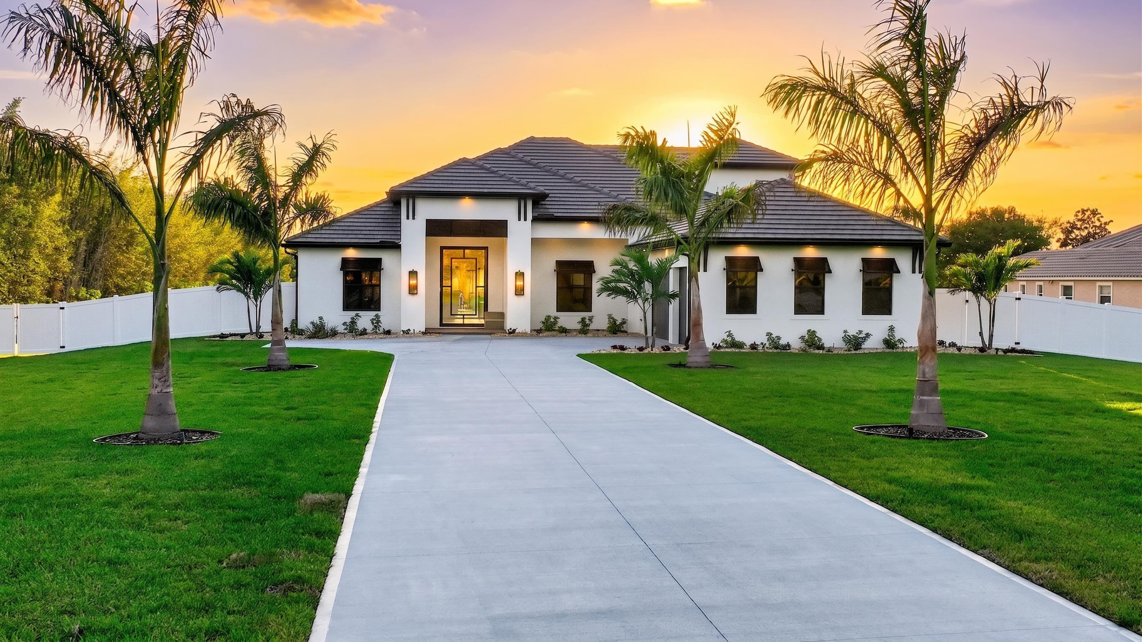 Drone aerial of a PMH listing at golden hour — palms frame the property, paved driveway leads to the front door, sunset glow centered above the tile roof