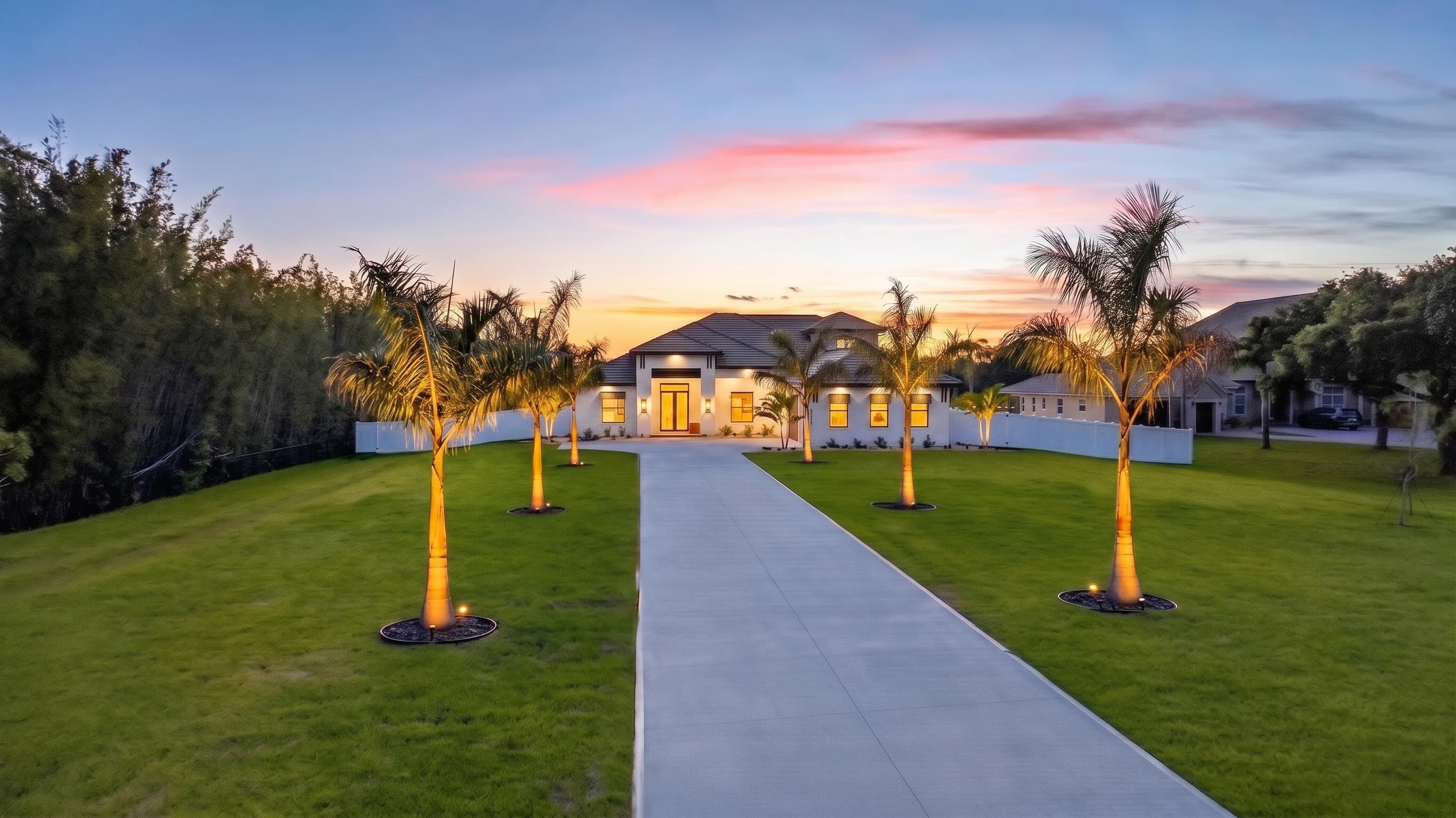 Aerial twilight shot of a coastal listing surrounded by palms