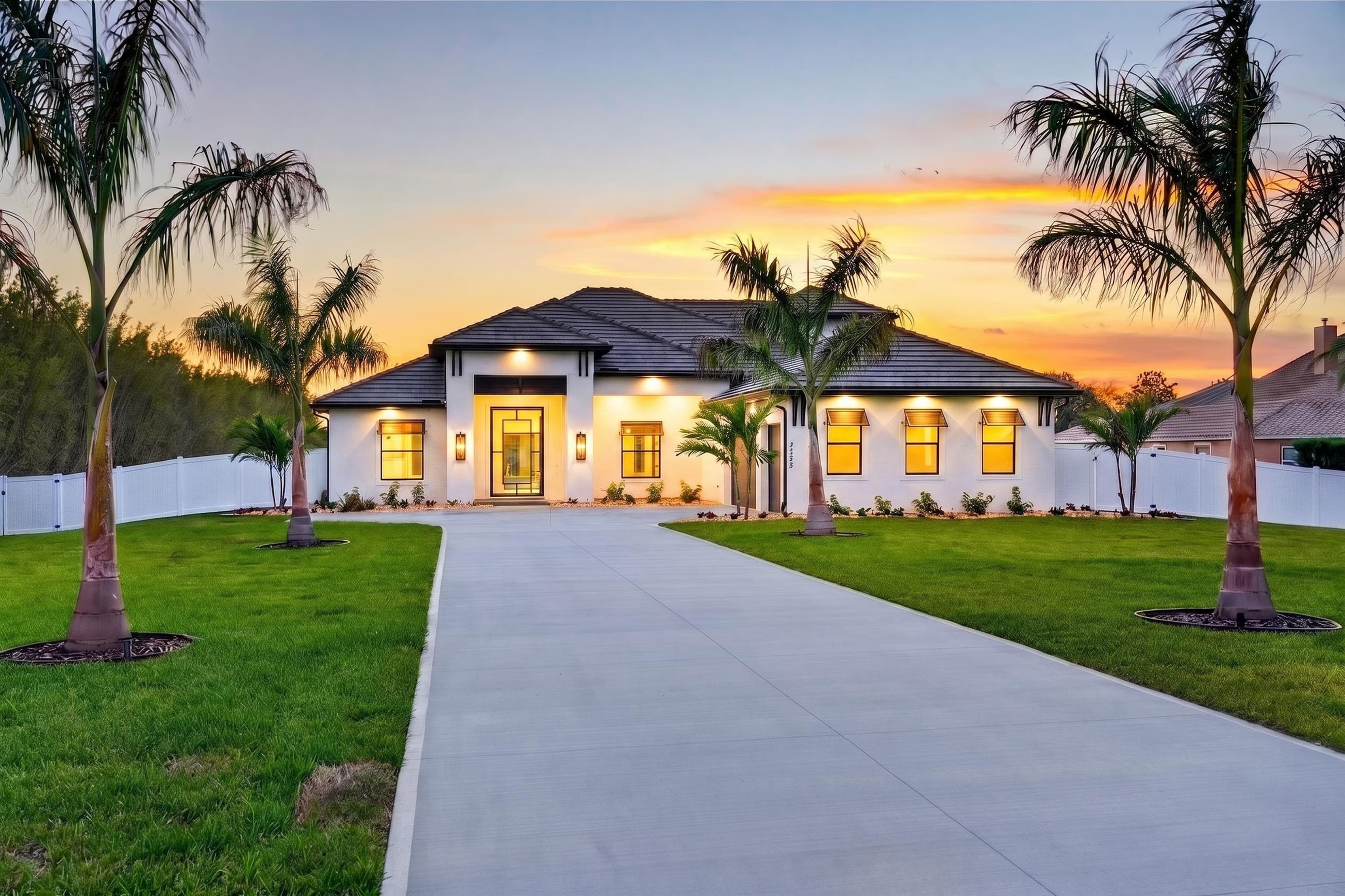 Twilight home exterior at ground level