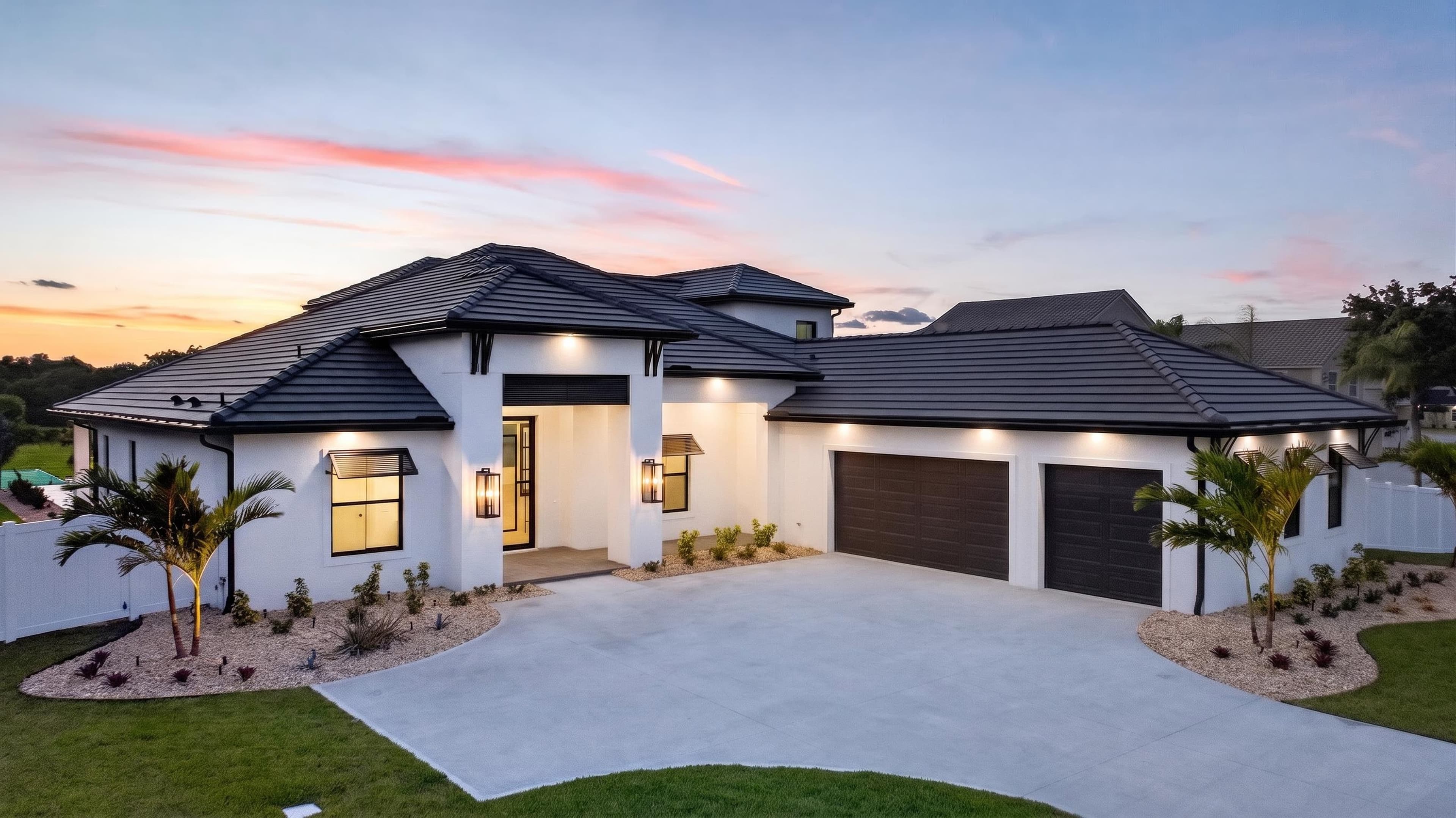 Aerial twilight shot of a home and surrounding property